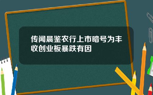 传闻晨鉴农行上市暗号为丰收创业板暴跌有因