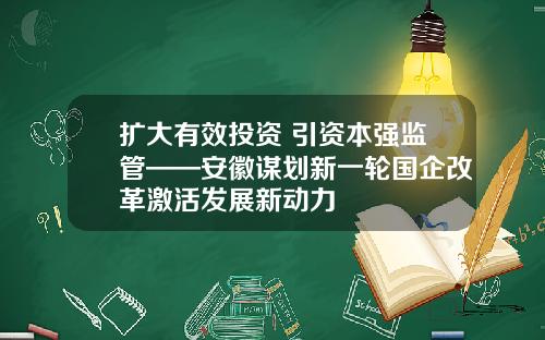 扩大有效投资 引资本强监管——安徽谋划新一轮国企改革激活发展新动力